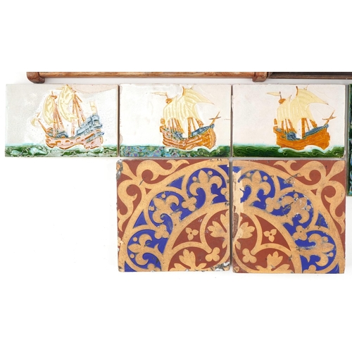 242 - Arts & Crafts tiles including Minton and sailing ship examples, the largest framed example 32cm x 32... 