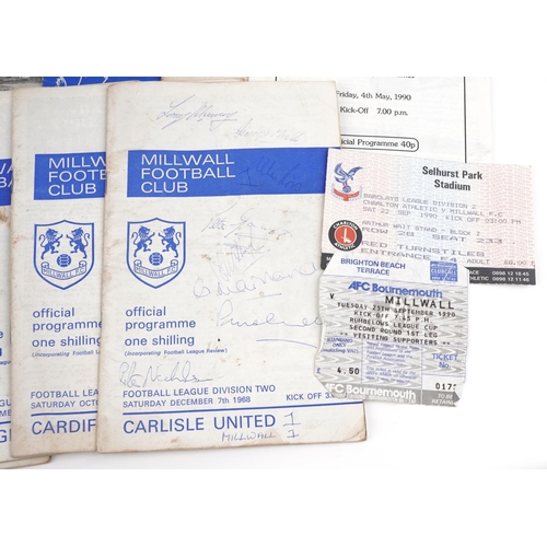 1400 - Selection of Millwall football programmes including a signed example for 1968, two tickets and boxed... 