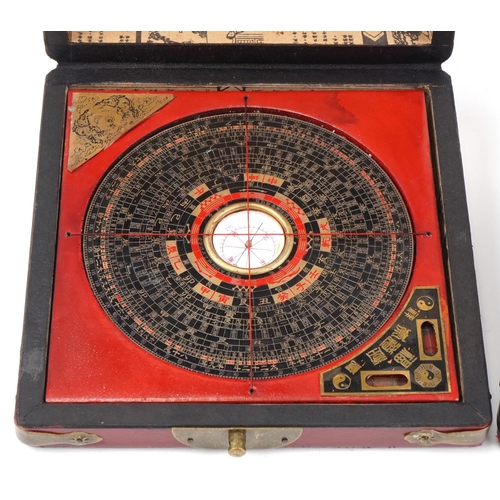 2182 - Chinese Mahjong game and astrological compass, each housed in a red lacquer fitted case, the largest... 