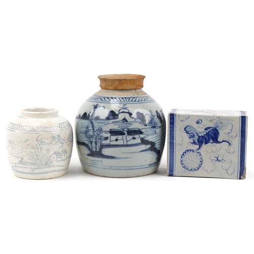 1179 - Two Chinese blue and white porcelain ginger jars, one with cover and an opium pillow hand painted wi... 