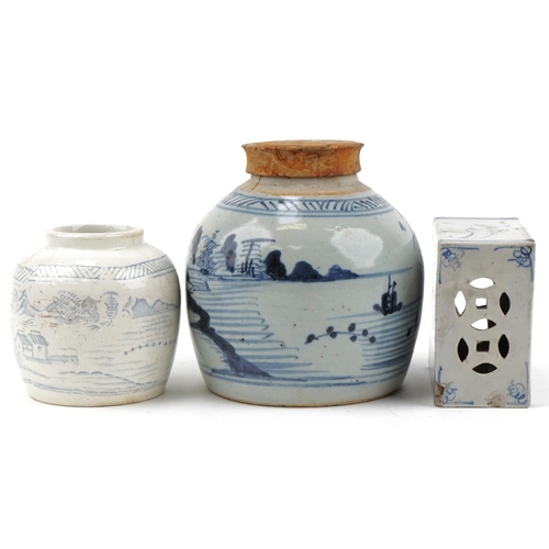 1179 - Two Chinese blue and white porcelain ginger jars, one with cover and an opium pillow hand painted wi... 