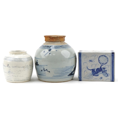 1179 - Two Chinese blue and white porcelain ginger jars, one with cover and an opium pillow hand painted wi... 