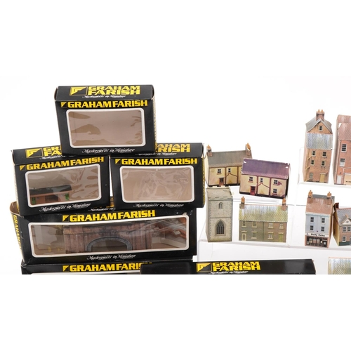 2343 - Large collection of N gauge model railway trackside accessories including buildings, figures and ani... 