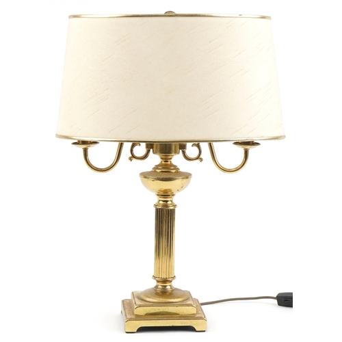 2251 - Brass two branch column table lamp with shade, 59cm high