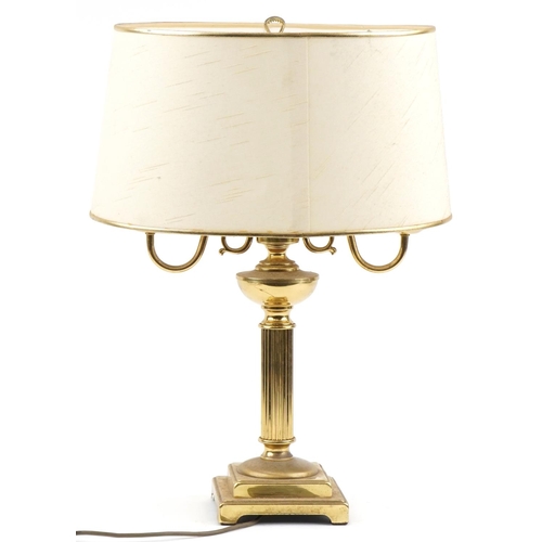 2251 - Brass two branch column table lamp with shade, 59cm high