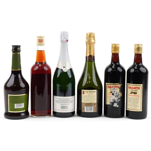 2082 - Six bottles of alcohol including Clos Monistrol vintage 2003 cava, Morio-Muskat Brut, Clan Dew Five ... 