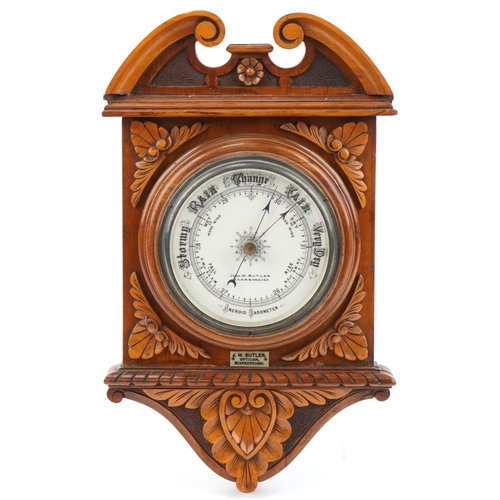 1198 - John W Butler Scarborough, walnut aneroid barometer, 38cm high