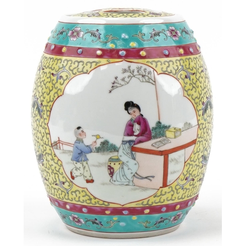 1354 - Chinese porcelain barrel shaped jar and cover hand painted with a female and child, 21cm high