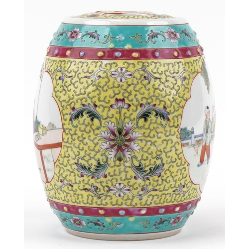 1354 - Chinese porcelain barrel shaped jar and cover hand painted with a female and child, 21cm high