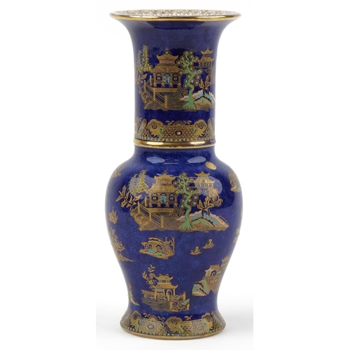 385 - Carlton Ware lustre vase hand painted and gilded with Chinese pagodas and trees, 27cm high