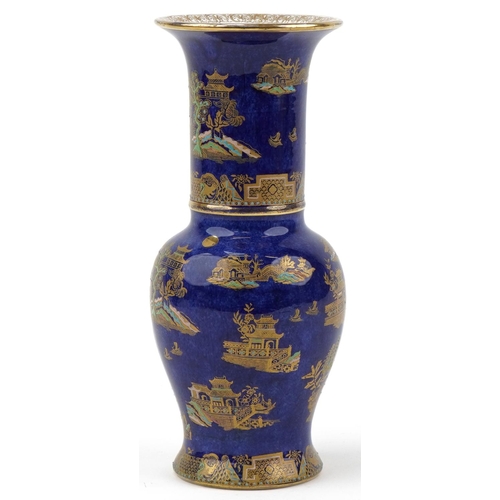 385 - Carlton Ware lustre vase hand painted and gilded with Chinese pagodas and trees, 27cm high