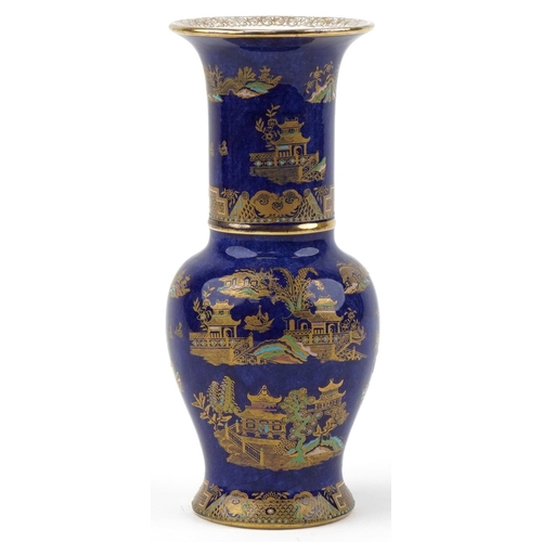 385 - Carlton Ware lustre vase hand painted and gilded with Chinese pagodas and trees, 27cm high