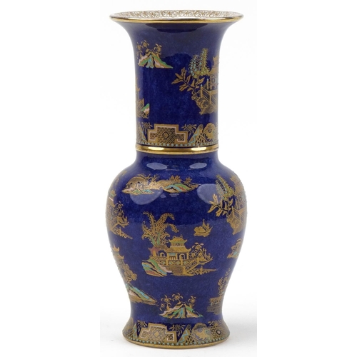 385 - Carlton Ware lustre vase hand painted and gilded with Chinese pagodas and trees, 27cm high