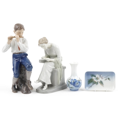 2126 - Collectable china including Bing & Grøndahl figure of a young male playing a flute, Royal Copenhagen... 