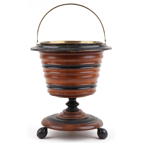 1376 - Victorian mahogany standing ice bucket with brass liner and swing handle, 41cm high