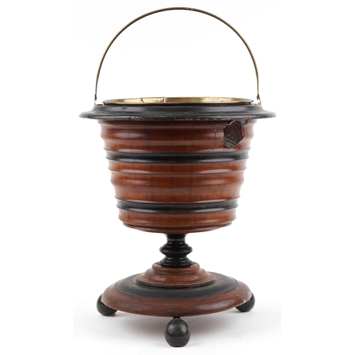 1376 - Victorian mahogany standing ice bucket with brass liner and swing handle, 41cm high