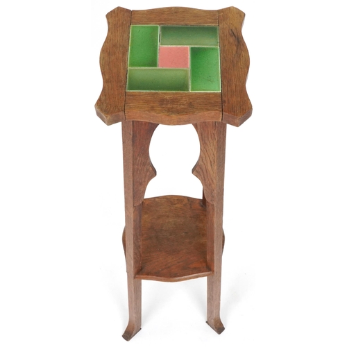 613 - Early 20th century Arts & Crafts oak jardinière stand with tile inset top, 104cm H x 27cm W x 27cm D