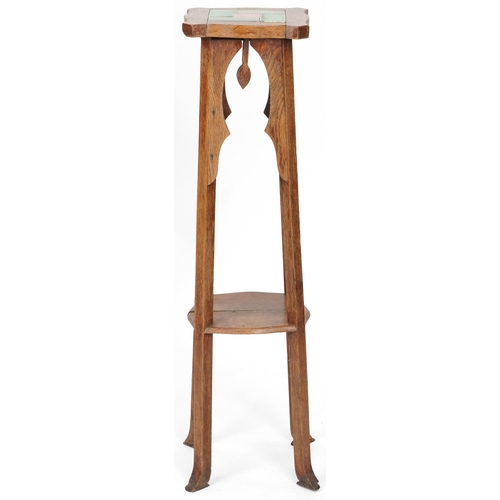 613 - Early 20th century Arts & Crafts oak jardinière stand with tile inset top, 104cm H x 27cm W x 27cm D