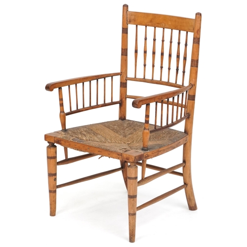 636 - Early 20th century beech framed spindle back armchair, 92cm H x 54cm W x 51cm D