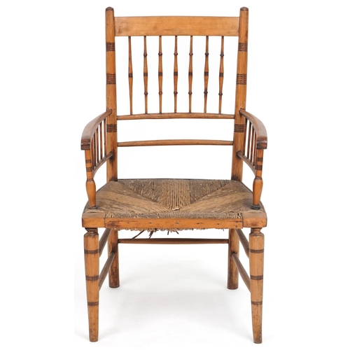 636 - Early 20th century beech framed spindle back armchair, 92cm H x 54cm W x 51cm D