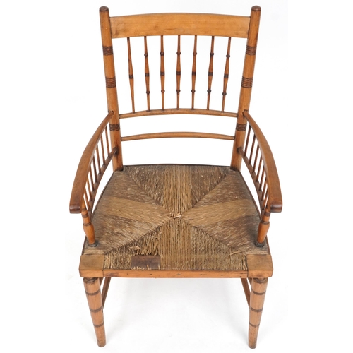 636 - Early 20th century beech framed spindle back armchair, 92cm H x 54cm W x 51cm D