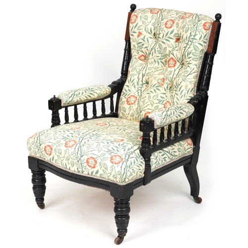 686 - Late Victorian walnut and ebonised gentleman's salon armchair upholstered in floral fabric, 96cm H x... 