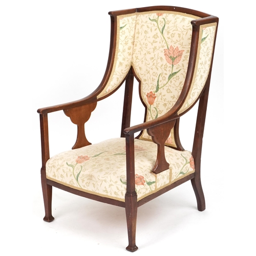 623 - Early 20th century Arts & Crafts wingback armchair upholstered in floral fabric, 101cm H x 59cm W x ... 