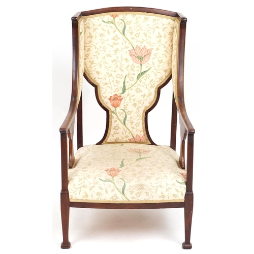 623 - Early 20th century Arts & Crafts wingback armchair upholstered in floral fabric, 101cm H x 59cm W x ... 