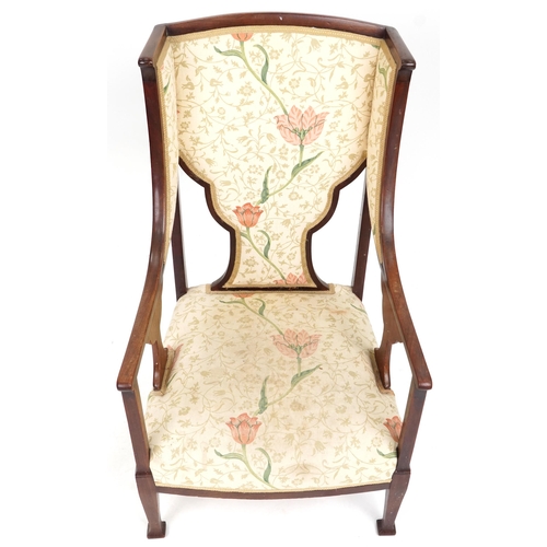 623 - Early 20th century Arts & Crafts wingback armchair upholstered in floral fabric, 101cm H x 59cm W x ... 