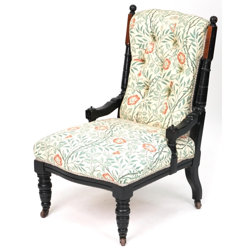 685 - Late Victorian walnut and ebonised ladies salon armchair upholstered in floral fabric, 88cm H x 56cm... 