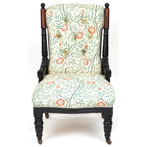 685 - Late Victorian walnut and ebonised ladies salon armchair upholstered in floral fabric, 88cm H x 56cm... 