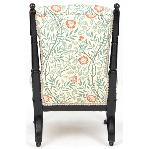 685 - Late Victorian walnut and ebonised ladies salon armchair upholstered in floral fabric, 88cm H x 56cm... 