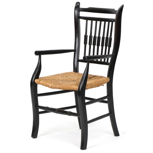 637 - 20th century Arts and Crafts ebonised child's chair with rush seat, 71cm H x 40cm W x 37cm D