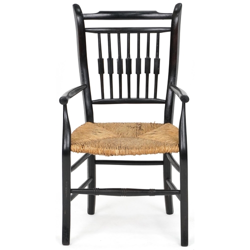 637 - 20th century Arts and Crafts ebonised child's chair with rush seat, 71cm H x 40cm W x 37cm D