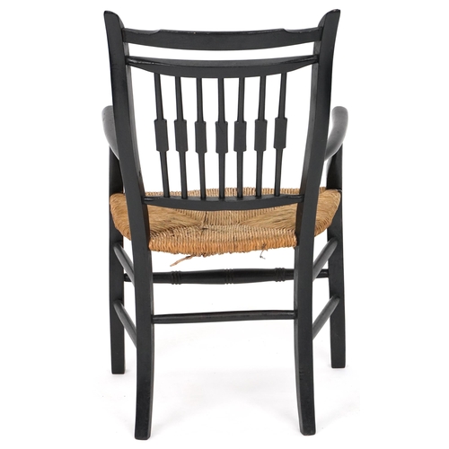 637 - 20th century Arts and Crafts ebonised child's chair with rush seat, 71cm H x 40cm W x 37cm D