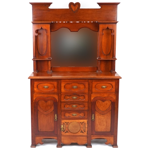 543 - Edwardian Arts & Crafts walnut mirror back sideboard, 195cm H x 121cm W x 46cm D