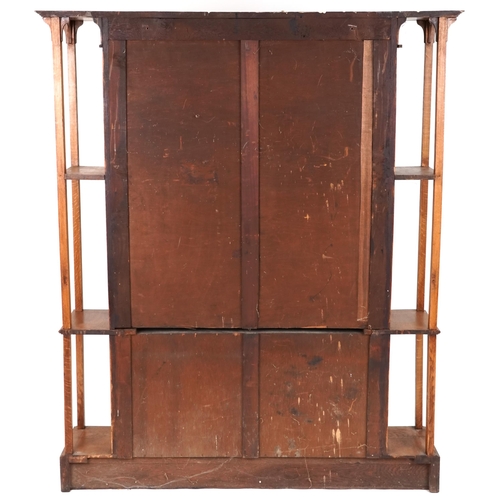 537 - Edwardian Arts & Crafts oak side cabinet with leaded glazed doors, 183cm H x 153cm W x 35cm D