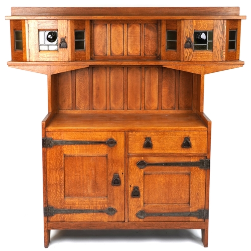 549 - Early 20th century Arts & Crafts oak shelf back sideboard with embossed copper strapwork hinges, 176... 