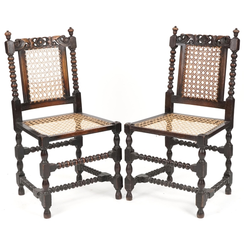 556 - Pair of George V oak side chairs with cane seats and backs, 96cm H x 50cm W x 46cm D