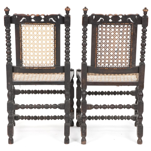 556 - Pair of George V oak side chairs with cane seats and backs, 96cm H x 50cm W x 46cm D