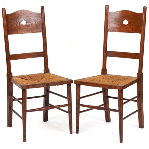 540 - Pair of Edwardian Arts & Crafts oak bedroom chairs, 100cm H x 44cm W x 43cm D