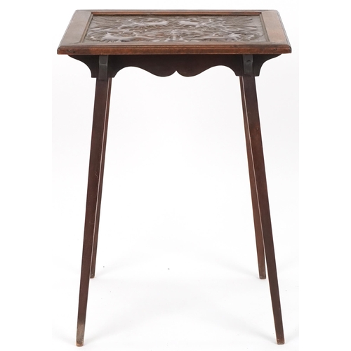 562 - Edwardian mahogany square occasional table, the top inset with an embossed copper panel, 62cm H x 45... 