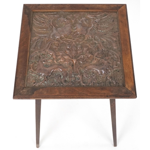 562 - Edwardian mahogany square occasional table, the top inset with an embossed copper panel, 62cm H x 45... 