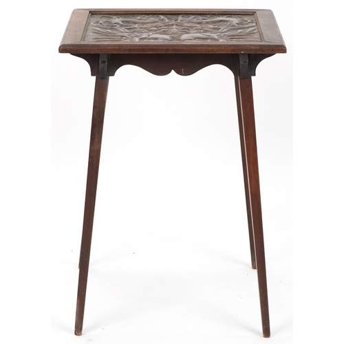 562 - Edwardian mahogany square occasional table, the top inset with an embossed copper panel, 62cm H x 45... 