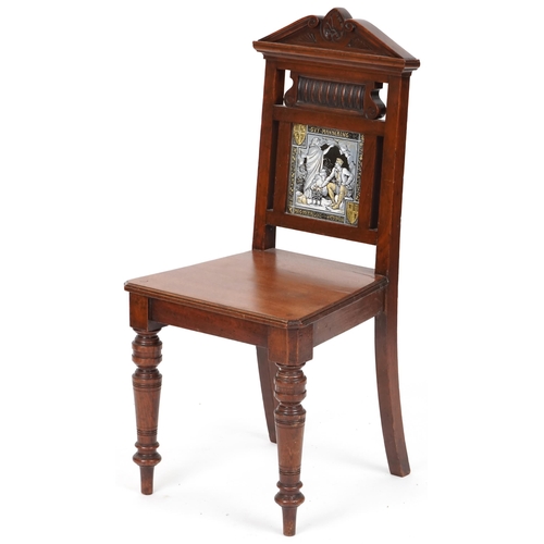 Victorian mahogany hall chair, the back inset with a large Minton Guy Mannering tile designed by John Moyr Smith, 96cm H x 45cm W x 44cm D