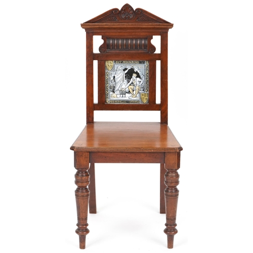 586 - Victorian mahogany hall chair, the back inset with a large Minton Guy Mannering tile designed by Joh... 