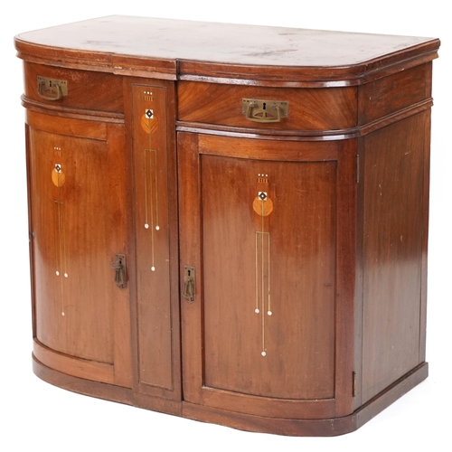 559 - Edwardian Arts & Crafts mahogany bow front side cabinet in the manner of Shapland & Petter, with M.o... 