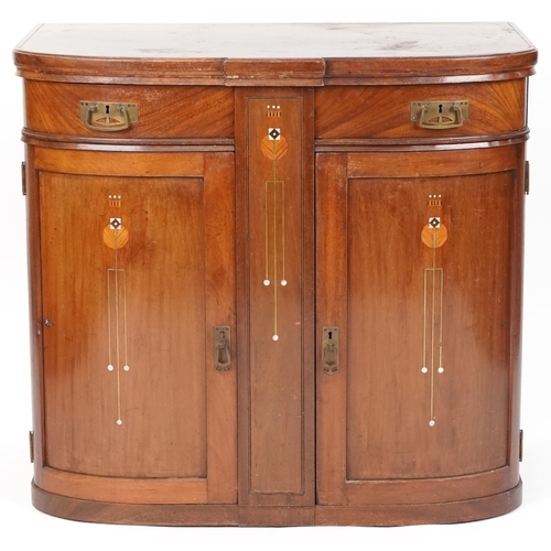 559 - Edwardian Arts & Crafts mahogany bow front side cabinet in the manner of Shapland & Petter, with M.o... 