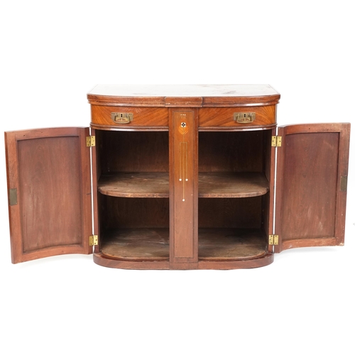 559 - Edwardian Arts & Crafts mahogany bow front side cabinet in the manner of Shapland & Petter, with M.o... 