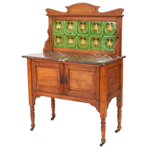 578 - Edwardian Arts & Crafts walnut washstand with a tiled back and marble top, 130cm H x 92cm W x 46cm D